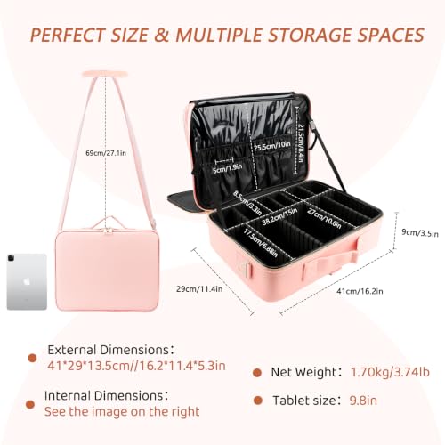 gzcz Large Capacity Travel Makeup Case Organizer,Professional Cosmetic Bags for Women,Waterproof PU Leather Makeup Bag with Adjustable Dividers and Shoulder Strap for Brushes and Jewelry - color: Criss Cross Pink, size: Large