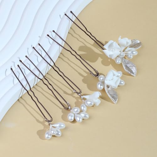 Handmade Pearl Bridal Wedding Hair Pins 6Pcs White Ceramic Flowers Gold Leaf Pearls Clips Wedding Hair Accessories for Women Brides Bridesmaid (Set-C-Bronze) - color: Set-C-Bronze