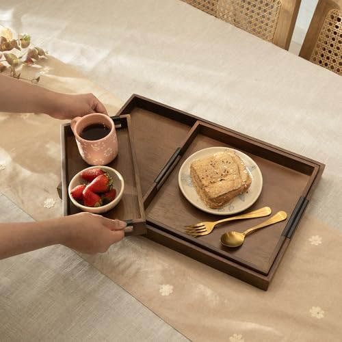 Ellementry Wooden Serving Tray Set – Decorative Tray for Coffee Table, Kitchen & Dining, Serving Platters, Breakfast & Snack Tray - color: Brown