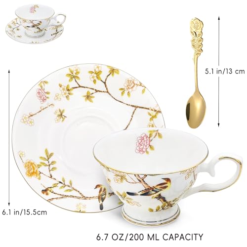 Tea Cups and Saucers, 6.7 OZ Floral bone china Coffee Cup Set with Spoon, Vintage Garden Teacups with Gold Trim, Tea Cups in a Reusable Handmade Gift Box with Ribbon elegant design ﻿ (Camellia flower) - color: Camellia flower