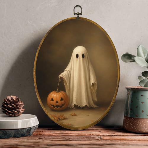 Ghost Pumpkin Oval Wall Art, Framed Canvas Decor, 8.5x11.5 Inch - color: Ghost Hold Pumpkin