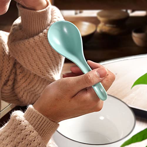 Teal Ceramic Soup Spoons Set of 6, 6.75 inch Ramen & Pho Spoons for Noodles, Stews, Wonton & Dumpling, Dishwasher Safe - size: 6.75 inch - Teal
