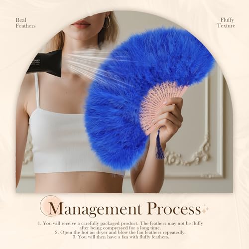 whitefeather Vintage Feather Hand Fan, 17.7 x 11.8 inches, Marabou Feathers, 1920s Style for Costume Parties, Tea Parties - color: Royal Blue