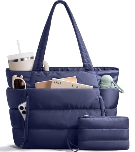 Bagstellar Puffer Tote Bag for Women, Lightweight Puffy Travel Gym Work Bag - color: Navy Blue