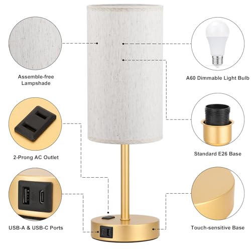 Fenmzee 17.4" Gold Lamp for Bedroom - Dimmable Touch, USB A+C, AC Outlet - color: Cream - Gold, size: 17.4"