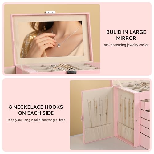 Frebeauty 6-Layer Jewelry Box for Women,Large Jewelry Organizer with Drawer - color: Pink, size: Large