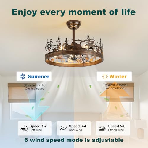 21 Inch Rustic Ceiling Fan with Light and Remote, Flush Mount Farmhouse Bladeless Fandelier, Forest Bear Pattern Chandelier Fan, DC Motor, 6 Speeds, Reversible, for Bedroom Living Room Cabin - color: Oil-Rubbed Bronze