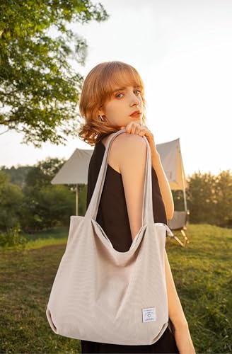 KALIDI Women Corduroy Tote Bag Zipper Casual Tote's Handbag Big Capacity Shoulder Bag with Pockets - color: Cream White