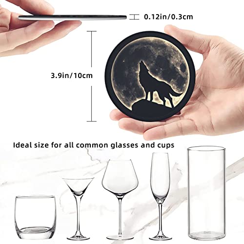 6 Pcs Leather Coasters for Drinks with Holder Howling Wolf Full Moon Coaster Sets Drink Table Cup Coasters for Kitchen Coffee Decor - color: Full Moon Wolf