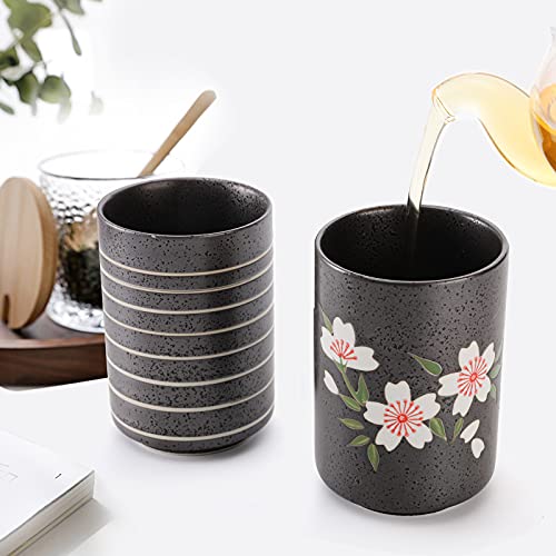 Hedume Set of 2 Japanese Tea Cups, 10oz Ceramic Teacup Mug, Japanese Cherry Blossoms and Line Design Ceramic Tea Cups Set for Green Tea, Matcha Tea, Bancha (Pack of 2) - size: 2 Count (Pack of 2)