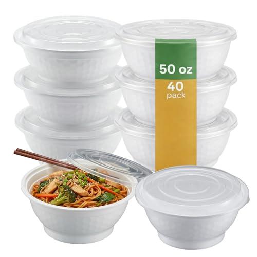 Disposable Noodle Bowls with Lids – 50 oz Microwaveable Ramen & Soup Containers, Leak-Resistant, BPA-Free, Stackable Food Storage for Restaurants & Takeout – 40 Sets, White - color: White, size: 50oz