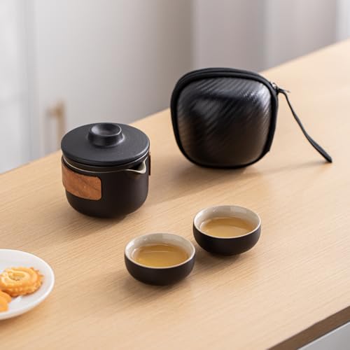 HEER Portable Travel Ceramic Kungfu Tea Set for 2, Black - color: Mini Tea Set (Black)