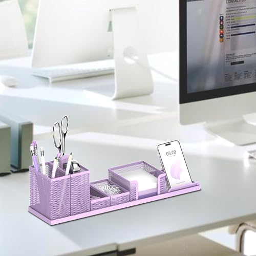 Pen Holder for Desk, 6-Piece Mesh Desk Organizer with Phone Holder, Purple - color: Purple