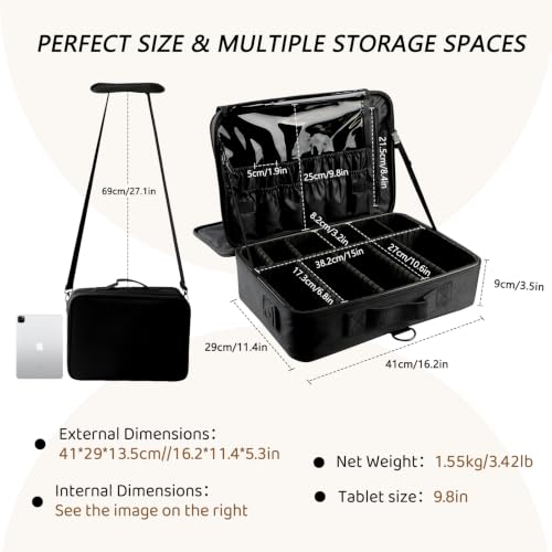 gzcz Large Capacity Travel Makeup Train Case,Professional Cosmetic Bags for Women,Portable Makeup Brush Bag Organizer Storage with Adjustable Dividers and Shoulder Strap - color: Black, size: Large