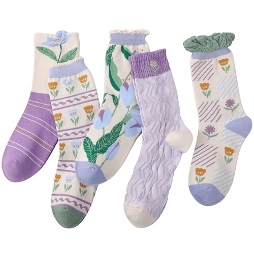 5/6 Pair Crew Socks for Women Floral Socks - color: Purple, Green