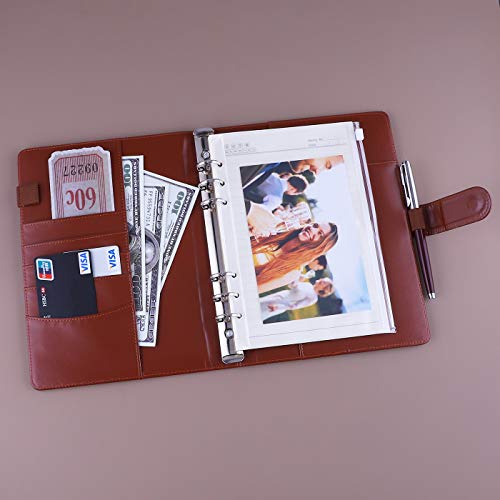 Antner A5 Binder 6 Ring Refillable Notebook Planner Cover for A5 Refill Paper, PU Leather Small Binder Budget Planner Photocard Holder Loose Leaf Personal Organizer with Magnetic Buckle, Brown - color: Brown