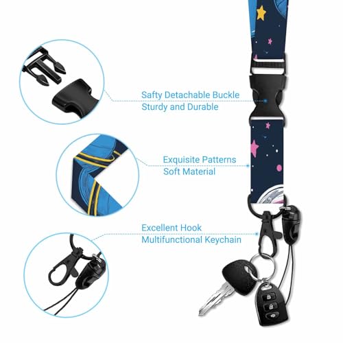 ID Badge Holder with Lanyard Easy to Use Space Pattern Badge Holder Colorful Planets and Stars for Workers Events Schools - color: Space Pattern