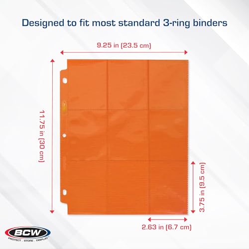 BCW Double-Sided 9-Pocket Pages Holder - 50 Green Pages | Trading Card Binder Sheets | Secure Side Loading | Ideal Card Storage and Display Solution - color: Orange