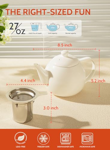 Sweese Teapots for Tea, 27 oz Porcelain Tea pot with Removable Stainless Steel Infuser, Tea Pots for Loose Tea - White - color: White, size: 27oz (with infuser)