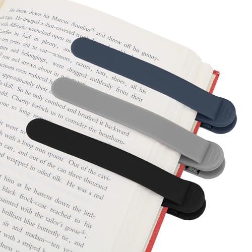 SMUK 3 Pieces Silicone Bookmark, Unique Automatic Bookmarks for Book Lovers Reading Women Men Teens Teachers, Book Mark Book Page Keeper Reading Gifts for Reading Lovers - color: 1 Black+1 Light Gray+1 Navy Blue