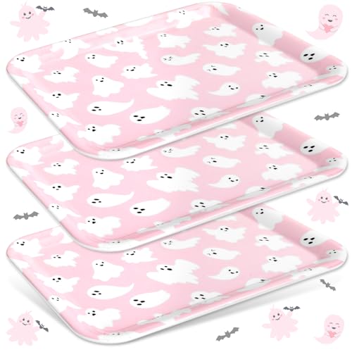 JarThenaAMCS 3Pcs Halloween Serving Trays Pink Ghost Platter Cute Ghost Reusable Serving Dishes for Birthday Baby Shower Party Sharing Snacks Fruit Dessert, 13 x 10 Inch - style: Pink Ghost