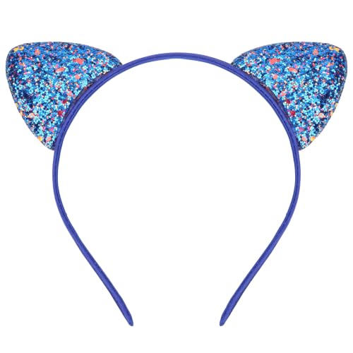 Blue Glitter Cat Ears Headband Non Shed Sparkly Cat Headband - color: Blue Glittery