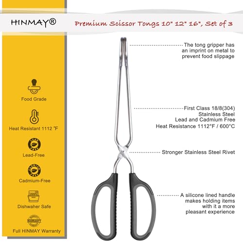 HINMAY Stainless Steel Scissor Tongs Cooking Tongs Set, Set of 3 (Black Handle, 10" 12" 16") - size: 3 Pack: 10" 12" 16"