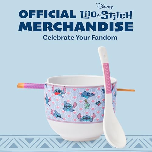 Silver Buffalo Lilo and Stitch Scrump Sea, Ramen Bowl with Chopsticks, 20oz - color: Lilo and Stitch Waves Spoon, size: 20 Ounces (With Spoon)