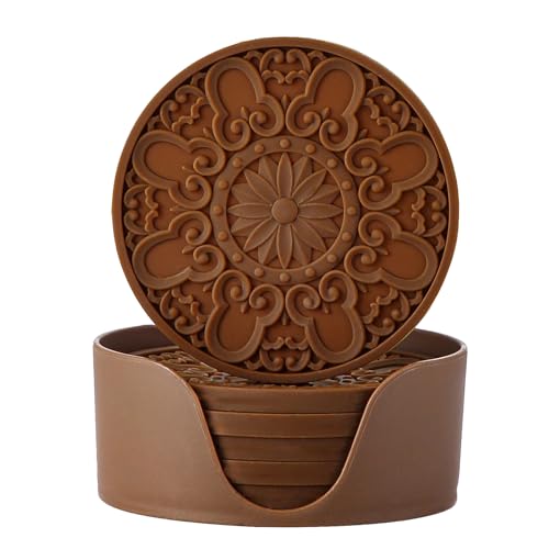 Colinda Silicone Coasters - Set of 6 with Holder, Non-Slip Cup Mats for Hot and Cold Drinks, Decorative Designs, Gift Ready Packaging,Brown - color: Brown