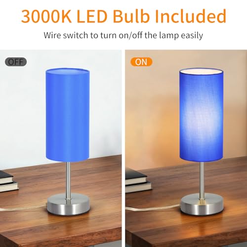 RISLG 2 Pack Small Table Lamps for Bedroom, Bedside Lamps for Nightstand with Wire Switch, Minimalist Modern Desk Lamps with Linen Fabric Shade for Kids Room Living Room Office Dorm, Bulb Included - color: 2 Pack Blue-Silver, size: 13in