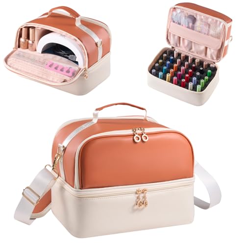 Nail Polish Organizer Holds 35 Bottles & Nail Lamp, Nail Organizers and Storage, Double Layer Nail Bag with Handle & Shoulder Strap for Travel, Nail Supplies Organizer for Manicure Kit (Brown+Beige) - color: Brown+Beige (35Bottles）
