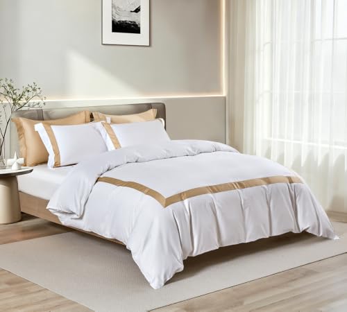 Duvet Cover Set 3 pcs(1 Duvet Cover+2 Pillowcases) 100% Cotton Sateen Woven Hidden Zipper Closure Breathable Soft(Palermo(Beige), Queen) - color: Palermo(beige), size: Queen