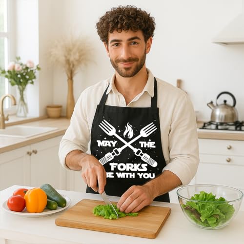 Funny Black Grill Apron with Pockets for Man,Dad,Husband,Father in Law,Chef Daddy Grilling Apron BBQ Cooking Gifts - color: May the Fork Be With You -2