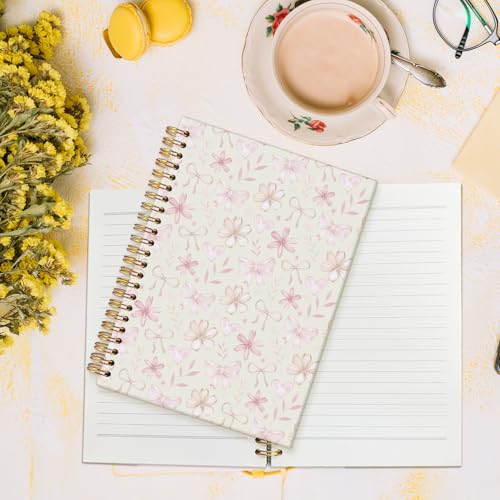 MOFUYU Cute Notebook for Girls,Coquette Bow Hardcover Spiral Notebook - color: Yellow bow(pink)