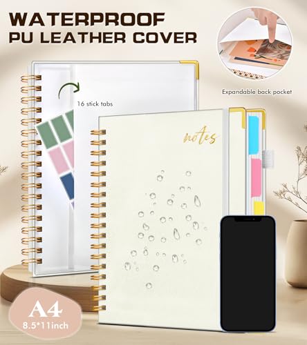 Hardcover Spiral Notebook Journal 8.5" x 11" Leather 5 Subject Notebook with Removable Dividers Tabs, 300 Pages Organizer Notebooks for Work School, College Ruled, Large Lined Journal for Women,White - color: White, size: A4