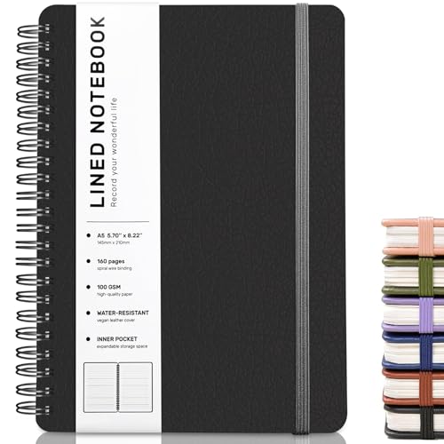 Lined Spiral Notebook for Women, A5 College Ruled Leather Spiral Journals - color: Black, size: A5