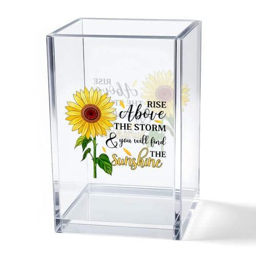 Rise Above The Storm and You Will find The Sunshine Acrylic Cosmetic Pencil Pen Holder Cup, Positive Sunflower Desk Organizer Accessories for Home Office Decor, Motivational Gifts for Women Girl - style: Rise Above