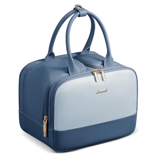 LOVEVOOK Travel Toiletry Bag for women, Leather Large Wide-open Makeup Bag, Waterproof Cosmetic Bag Organizer for Shower, Traveling, Toiletries, Bathroom - color: Light Blue