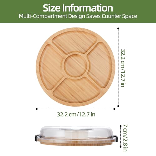 Charcuterie Board with Lid, Bamboo 5‑Compartment Portable Serving Platter - color: 5 Compartments-round