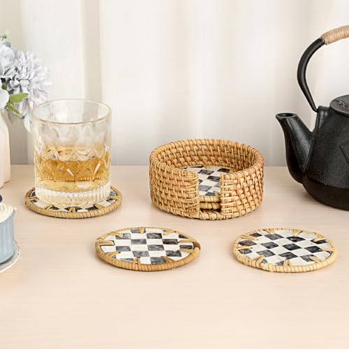 Boho Coastal Coasters Set of 6, Handwoven Rattan Coasters with Holder - style: Checkered Pattern