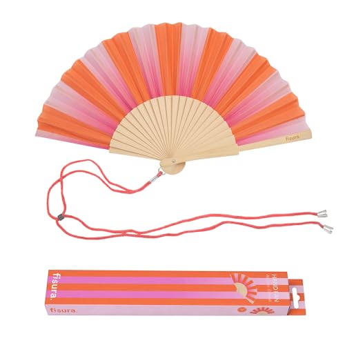 Fisura – Original Folding Fan with Stripe Print. Colorful Wooden Folding Fan in Pink and Orange with Strap Included. Fun Gift idea for Travel Beach Days or Summer Events. 16.7 x 9 in. - color: Stripes, Pink and Orange