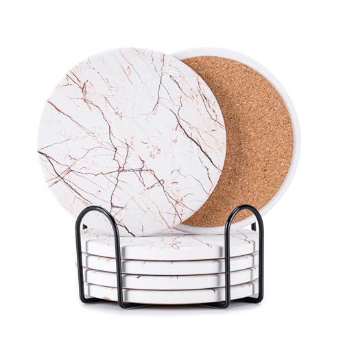6Pcs Absorbent Coasters Set with Holder,Ceramic Drink Coaster,4 in（A2） - color: Natural Style