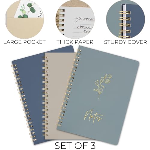 Aesthetic Spiral Notebook Set of 3 For Women - Cute College Ruled Journals - color: darkblue-medblue-taupe, size: Medium 8x6