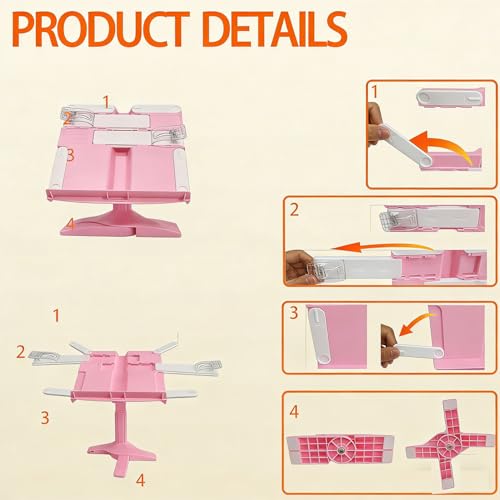 Book Stand for Desk, Kids Book Stand Adjustable Shelf Thick Base Foldable Riser Holder, Portable Desktop with Elastic Page Clips Gift for Children (Pink) - color: Pink