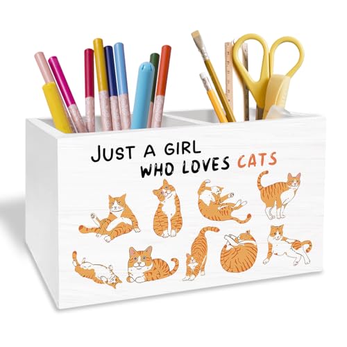 Cute Orange Cat Pen Holder for Desk, Cat Lover Mom Lady Owner Gifts Pencil Organizer, Just a Girl Who Loves Cats Wooden Box Sign Desk Decor for Girls Room Home Office Decoration - color: CUTE ORANGE CAT