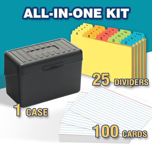 H4D 4x6 Index Card Holder with 100 Index Cards and 25 Dividers, Black - color: Black, size: 4"x6"