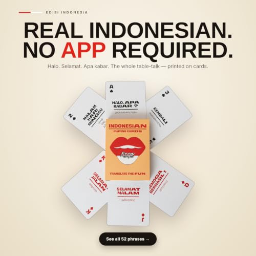 Lingo Indonesian Playing Cards | Indonesian Culture & Language Learning Flashcards for Adults | 52 Bahasa Indonesia Phrases with Pronunciation | Fun Gift for Bali & Indonesia Travelers