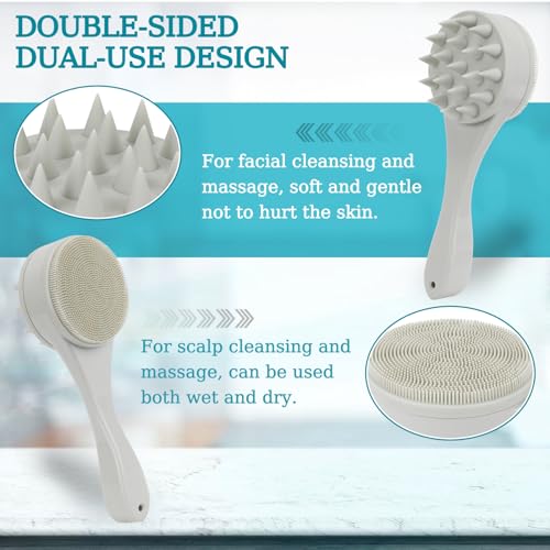 2 Pack Silicone Facial Cleasing Brush and Hair Scalp Massager Shampoo Brush 2 in 1 Double Sided Face Scrubber Scalp Scrubber Manual Exfoliating Light Gray
