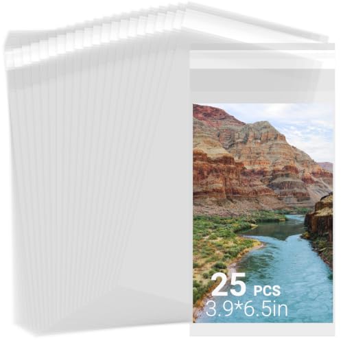 25 Pack Archival Photo Sleeves 3.9x6.5" - Acid Free Crystal Clear Plastic Bags Self Adhesive, Clear Paper Sleeves Protector, Plastic Covers for Paper Photo Prints Cardstock - size: 3.9x6.5"