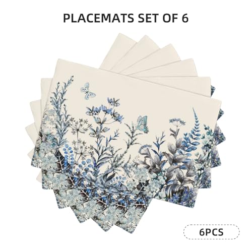 Blue Eucalyptus Floral Leaves Placemats Set of 6 12x18 Inch - color: Blue, size: Set of 6